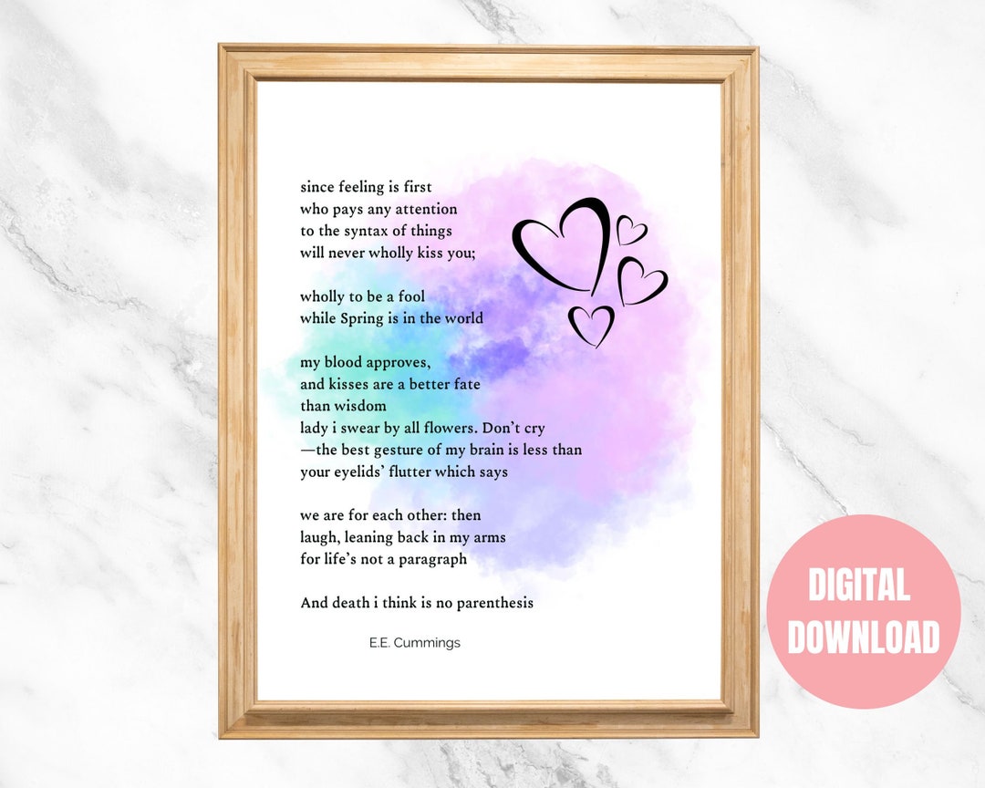 Since Feeling is First EE Cummings Poem Printable Wall Art Colorful Home Decor Unique Digital