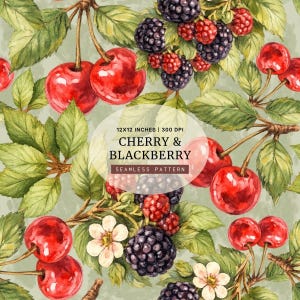 Watercolor Cherry & Blackberry Seamless Pattern, Botanical Fruit Digital, Cottagecore, Instant digital download– Commercial Use