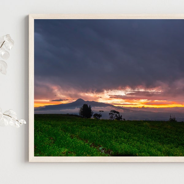 Mountain Sunset Canvas Wall Art with Acrylic, Fine Art Print, Framing and Metal Options. Ecuador Cotopaxi Mountain Sunset.