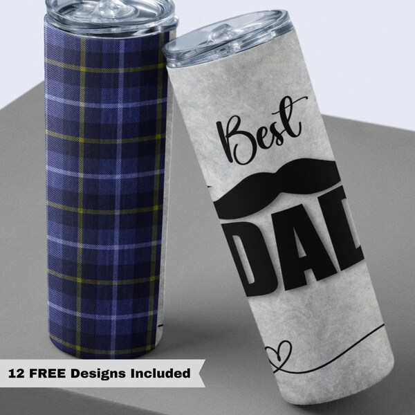 20oz Skinny Straight Best Dad  Sublimation Design Templates, Dad Mustache Tumbler Straight PNG Digital Sublimation, Dad Plaid Tumbler