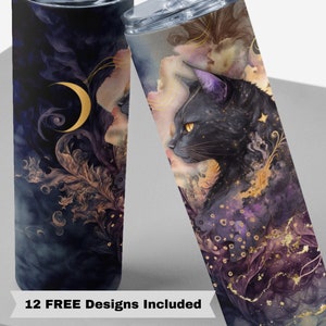 20オンス スキニーストレート 神秘的な黒猫昇華デザインテンプレート、ブラックムーンキャットタンブラーストレート PNG デジタルダウンロード昇華