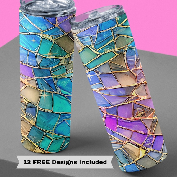 20oz Skinny Straight Stained Glass Jewel Sublimation TumblerDesign, Jewels Tumbler PNG Digital Download, Stained Glass Jewel Design Tumbler