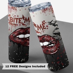 20oz Skinny Tumbler Bite Me Sublimation Design Templates, Vamp Tumbler Straight PNG Digital Download Design, Bats and Blood Tumbler Design