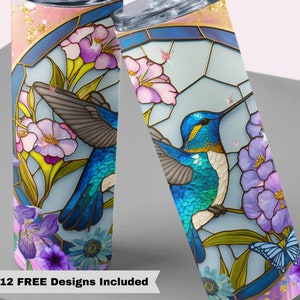 20oz Skinny Straight Stained Glass Hummingbird Sublimation Design , Flower Tumbler Straight PNG Digital Download, Hummingbird  Flowers Wrap