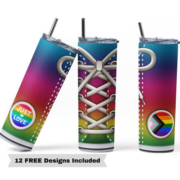 20oz Skinny Tumbler LGBTQIA+ Tumbler Sublimation Design Templates, Rainbow Tumbler Sublimation Wrap, Gay Pride Tumbler, Just Love Sneaker