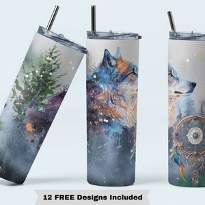 20oz Skinny Straight Wolf Dreamcatcher Sublimation Design Templates, Watercolor Wolf Tumbler Straight PNG Digital Download Dreamcatcher