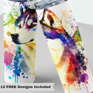 20oz Skinny Tumbler Ink Splatter Husky Sublimation Design, Husky Lover Tumbler Straight PNG Digital Download, Husky Dog Tumbler Wrap