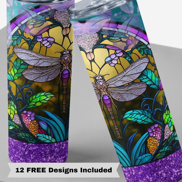 20oz Skinny Straight Tumbler Dragonfly Stained Glass Sublimation Design Templates, Stained Glass Tumbler Sublimation Wrap, Digital Download