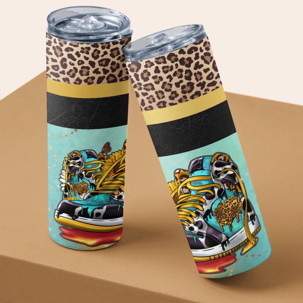 20oz Skinny Straight High Top Leopard Print Sneaker Tumbler Design, Animal Print Sneakers Wrap, Sneaker Tumbler Wrap Design