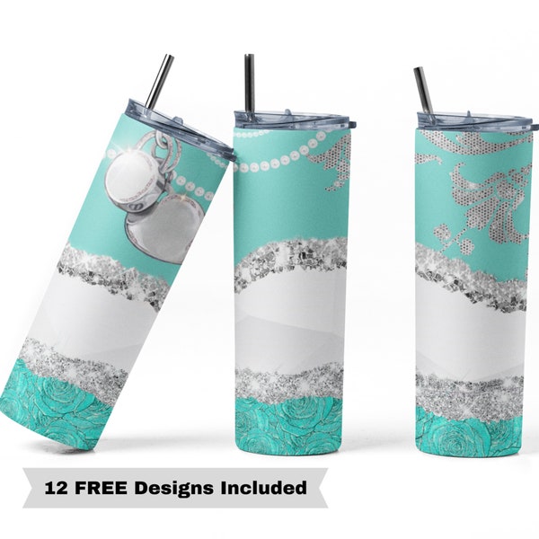 20oz Skinny Straight Blue Silver Luxury Brand Inspired Sublimation Design Templates, Bling Tumbler Straight PNG Design, Happy Mother's Day