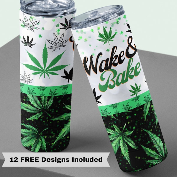 20oz Skinny Straight Cannabis Tumbler, Wake and Bake Wrap Design Templates, Marijuana Tumbler Straight PNG Digital Download Design, Ganja