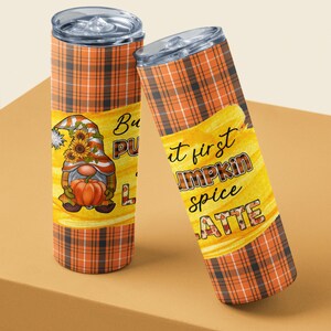 Bicchiere dritto magro da 20 once Gnome Pumpkin Spice Latte Sublimation Design, PSL Tumbler Straight PNG Download digitale, PSL Gnome Wrap