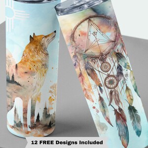 20oz Skinny Straight Wolf Dreamcatcher Sublimation Design Templates, Watercolor Wolf Tumbler Straight PNG Digital Download Dreamcatcher