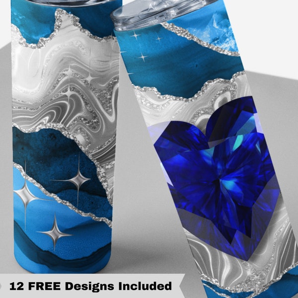 20oz Skinny Straight Sapphire Heart Sublimation Tumbler Design Templates, Sapphire Gem Stone Tumbler Sublimation Wrap, Digital Download