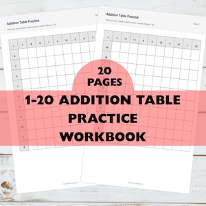 May include: Two white pages of an addition table practice workbook. The pages have a grid layout with numbers and addition symbols. The text "1-20 Addition Table Practice Workbook" is overlaid on a pink background. The workbook has 20 pages.