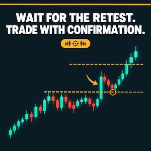 Może przedstawiać: Wykres handlu finansowego na ciemnym tle z tekstem WAIT FOR THE RETEST. TRADE WITH CONFIRMATION. Wykres przedstawia czerwone i turkusowe świece, przerywane żółte linie, żółtą strzałkę oraz okrągłą ikonę celu.