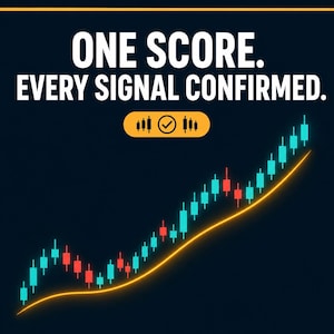 Könnte beinhalten: Eine dunkelblaue Grafik mit dem weißen Text ONE SCORE. EVERY SIGNAL CONFIRMED. Unter dem Text befindet sich eine gelbe horizontale Pille mit einem Häkchen-Symbol zwischen zwei Kerzendiagramm-Symbolen. Ein steigendes Kerzendiagramm zeigt rote und cyanfarbene Balken.