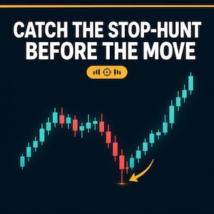 Puede incluir: Un gráfico sobre fondo oscuro con el texto blanco CATCH THE STOP-HUNT BEFORE THE MOVE sobre un icono amarillo con una diana. Debajo, un gráfico de velas muestra barras rojas y verde azulado con una flecha amarilla señalando un punto bajo.