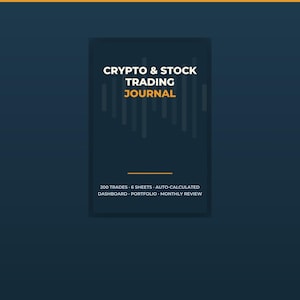 Könnte beinhalten: Ein dunkelblaues, rechteckiges Krypto- und Aktien-Handelsjournal mit weißem und orangefarbenem Text. Das Cover zeigt den Titel Crypto & Stock Trading Journal, gefolgt von 200 trades, 6 sheets, auto-calculated, dashboard, portfolio, monthly review.
