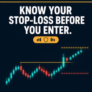 Könnte beinhalten: Eine dunkelblaue Grafik mit dem weißen Text KNOW YOUR STOP-LOSS BEFORE YOU ENTER. Unter dem Text befindet sich ein orangefarbenes pillenförmiges Symbol mit einem Schild und Kerzensymbolen. Ein Finanz-Kerzendiagramm zeigt rote und cyanfarbene Balken.