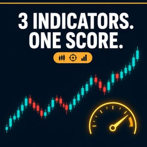 Puede incluir: Un gráfico sobre fondo oscuro con el texto 3 INDICATORS. ONE SCORE. sobre un icono amarillo en forma de píldora con tres símbolos. Un gráfico de velas ascendente con barras rojas y azul turquesa, y un indicador de velocidad amarillo brillante.