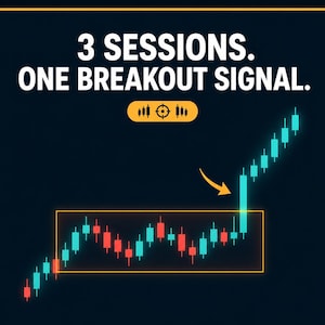 May include: A financial chart on a dark background with the text 3 SESSIONS. ONE BREAKOUT SIGNAL. The graphic displays a series of red and cyan candlestick bars, with a yellow rectangular box highlighting a consolidation phase and a yellow arrow pointing to a large cyan breakout candle followed by an upward trend.