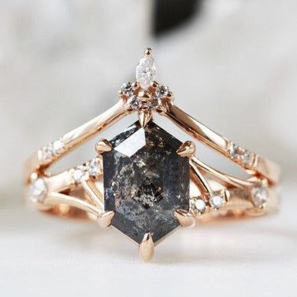 Black Speckled Hexagon Salt And Pepper Diamond 14K Solid Rose White Yellow Gold Ring Engagement Wedding 1.51CT Gift Ring For Her Vintage Set