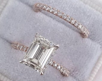 Unique 3 CT Emerald Cut Engagement Ring Set-Emerald Cut Solitaire Wedding Ring-Half Eternity Matching Band-Hidden Halo-Classic 4 Claw Prongs