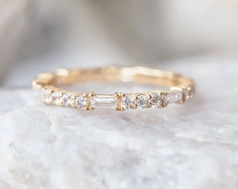1.42 TCW Baguette & Round Cut Wedding Band Stackable Band 14k Solid Yellow Gold Eternity Matching Band Gold Jewelry For a Bride In Trend