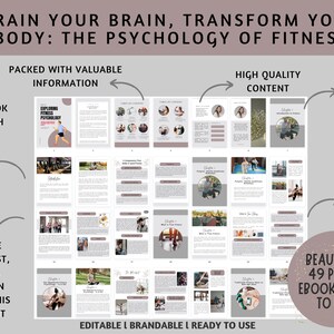 May include: A digital ebook cover with a collage of images showing people exercising. The cover is gray and white with the text "Train Your Brain, Transform Your Body: The Psychology of Fitness" in a large, bold font. The ebook is 49 pages and is ready to use.