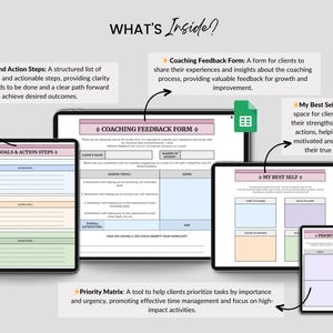 Peut inclure: Un ensemble de quatre feuilles de travail d'encadrement imprimables avec des accents roses et verts. Les feuilles de travail comprennent "Objectifs et &eacute;tapes d'action", "Formulaire de r&eacute;troaction d'encadrement", "Mon meilleur moi" et "Matrice des priorit&eacute;s".