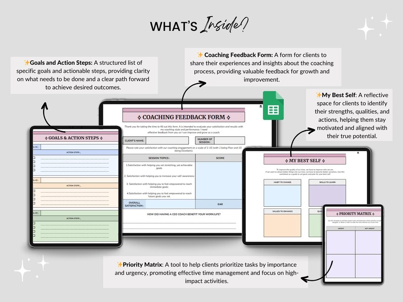Peut inclure: Un ensemble de quatre feuilles de travail d'encadrement imprimables avec des accents roses et verts. Les feuilles de travail comprennent "Objectifs et &eacute;tapes d'action", "Formulaire de r&eacute;troaction d'encadrement", "Mon meilleur moi" et "Matrice des priorit&eacute;s".