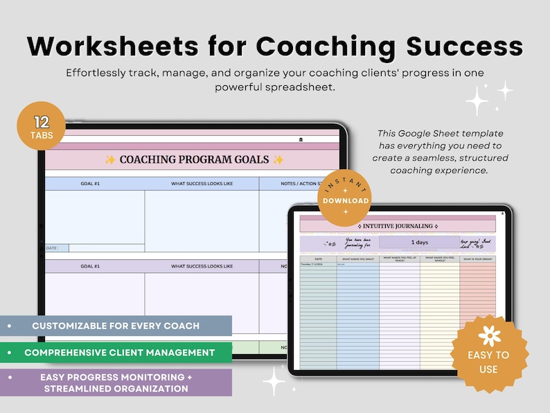 Peut inclure: Un mod&egrave;le de feuille de calcul de coaching num&eacute;rique avec 12 onglets. Le mod&egrave;le est con&ccedil;u pour aider les coachs &agrave; suivre, g&eacute;rer et organiser les progr&egrave;s de leurs clients. Le mod&egrave;le comprend des sections pour les objectifs du programme de coaching, la tenue d'un journal intuitif et les notes des clients. Le mod&egrave;le est personnalisable pour chaque coach et comprend un suivi facile des progr&egrave;s et une organisation rationalis&eacute;e. Le mod&egrave;le est disponible en t&eacute;l&eacute;chargement instantan&eacute;.