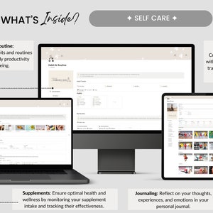 May include: A digital self-care planner displayed on a laptop, desktop monitor, tablet, and smartphone. The planner includes sections for habits, routines, fitness, supplements, and journaling, all under the theme of self-care.