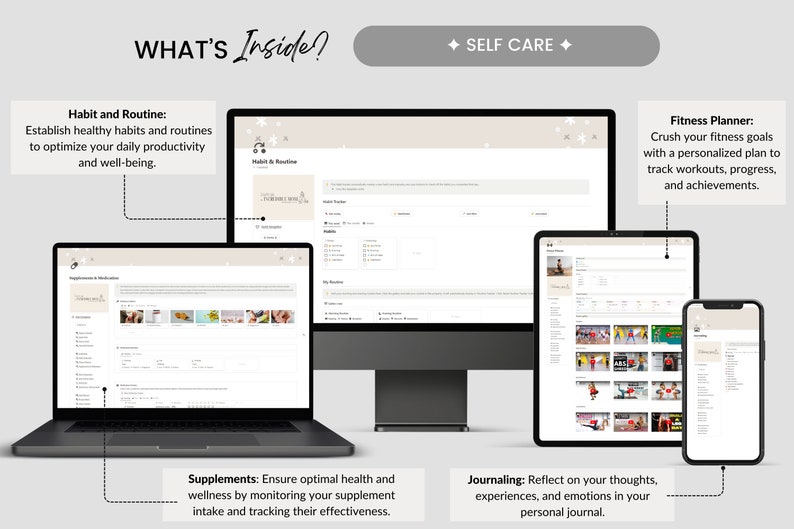 May include: A digital self-care planner displayed on a laptop, desktop monitor, tablet, and smartphone. The planner includes sections for habits, routines, fitness, supplements, and journaling, all under the theme of self-care.