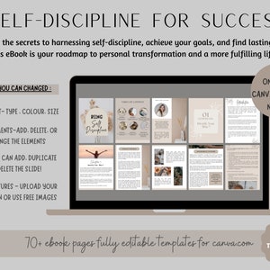 Puede incluir: Una pantalla de computadora port&aacute;til que muestra una vista previa de un libro electr&oacute;nico titulado "Being Self-Discipline" con un fondo beige y acentos florales. El libro electr&oacute;nico est&aacute; dise&ntilde;ado para Canva e incluye m&aacute;s de 70 p&aacute;ginas de plantillas editables. El texto "Only Free Canva Account Needed!" se muestra en la esquina superior derecha de la pantalla.