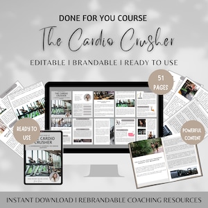 Puede incluir: Una maqueta de producto digital que muestra una pantalla de computadora que muestra un libro electrónico de 51 páginas titulado "The Cardio Crusher". El libro electrónico es una guía completa de ejercicios cardiovasculares. La maqueta también incluye una tableta y un libro con el mismo título. El texto "Ready to Use" está en un botón de la tableta. El texto "Powerful Content" está en el libro. El texto "Descarga instantánea | Recursos de entrenamiento rebrandeables" está en la parte inferior de la imagen.