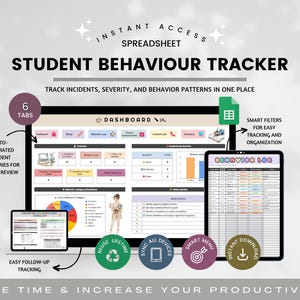 Puede incluir: Una hoja de cálculo digital para el seguimiento del comportamiento estudiantil con un panel de control de seis pestañas, gráficos de gravedad de incidentes y desglose por categorías. La interfaz incluye filtros inteligentes y un registro.