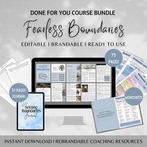 Op de afbeelding: Een digitale productbundel voor een cursus over het stellen van grenzen. De bundel bevat een 75 pagina's tellende cursus, een 31 pagina's tellend dagboek en werkbladen. De cursus heeft de titel "Fearless Boundaries" en het dagboek heeft de titel "Setting Boundaries Journal".