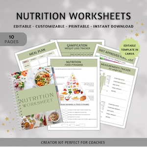 May include: A set of printable nutrition worksheets for coaches. The worksheets include a meal plan, a food pyramid, a weight loss tracker, and a diet approved food list. The worksheets are editable and customisable in Canva.
