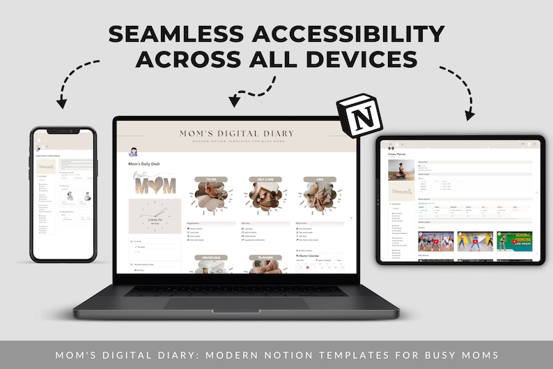 May include: A laptop, tablet, and smartphone display a digital planner interface with the text "MOM'S DIGITAL DIARY". The screens show a Notion template with various sections. The image also includes the text "SEAMLESS ACCESSIBILITY ACROSS ALL DEVICES".