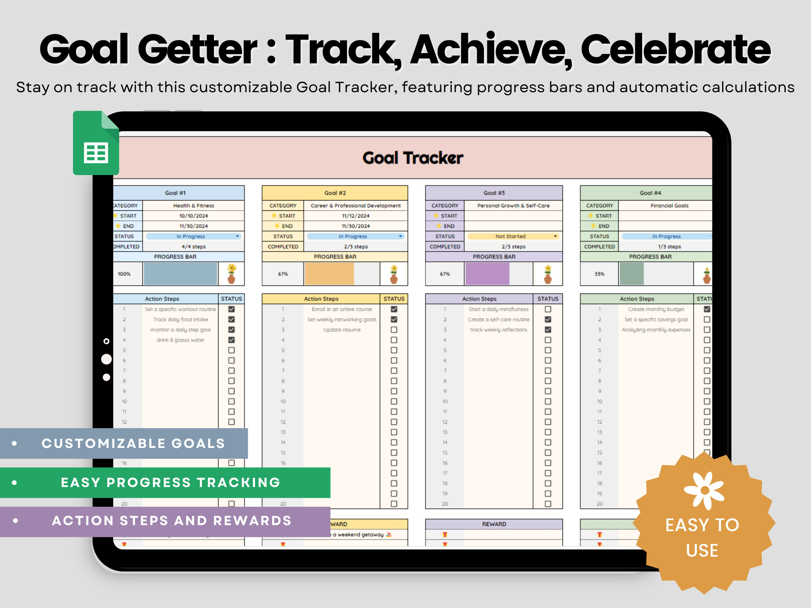 Digital Goal Planner Google Sheet Spreadsheet, Goal Tracker Spreadsheet ...