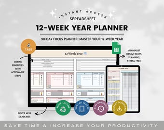 Doelplanner voor 12 weken Spreadsheetplanner, kwartaalplanner, spreadsheet doelplanner, 90-dagenplanner Google Spreadsheets-sjabloon, doelentracker