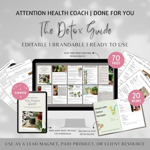 May include: A digital detox guide with the title "The Detox Guide" on a tablet and computer screen. The image includes the text "Editable, Brandable, Ready to Use" and "Includes 20 Easy Detox Recipes". The guide is designed for health coaches.