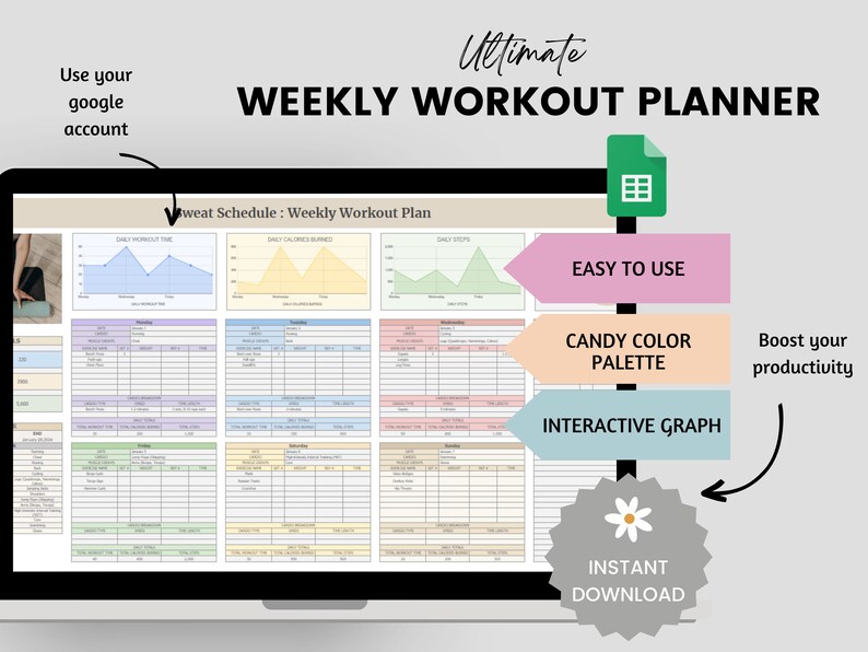 Weekly Workout Planner Spreadsheet, Weekly Fitness Planner, Digital Fitness Tracker, Weight Loss, Exercise Template for Coaches, Wellness image 4