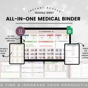 Könnte beinhalten: Digitaler medizinischer Ordner für Google Sheets mit 22 Tabs. Das Bild zeigt ein Dashboard und Tablet-Mockups mit medizinischen Daten. Text enthält "All-in-one Medical Binder" und "Save time & increase your productivity."