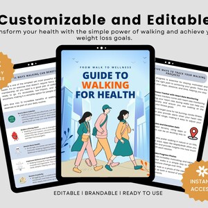 May include: Digital guide on a tablet titled "Guide to Walking for Health" with illustrations of people walking. The image includes the text "Customizable and Editable" and "Ready to Use". The guide promises to help achieve weight loss goals.
