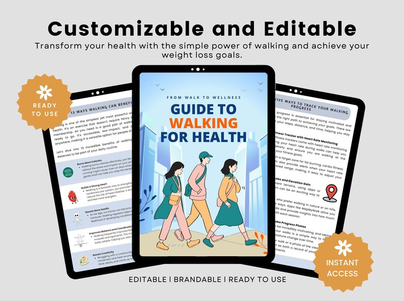 May include: Digital guide on a tablet titled "Guide to Walking for Health" with illustrations of people walking. The image includes the text "Customizable and Editable" and "Ready to Use". The guide promises to help achieve weight loss goals.