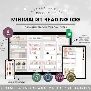 May include: A digital reading log displayed on a computer, tablet, and phone. The minimalist design features a dashboard, book shelves, and charts. Text includes "Minimalist Reading Log" and "Organized Tracker for Book Lovers."