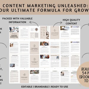 K&ouml;nnte beinhalten: Ein beige-wei&szlig;es E-Book-Cover mit dem Titel "Content Marketing Unleashed: Your Ultimate Formula for Growth". Das Cover zeigt eine Collage von Bildern, die mit Content Marketing zu tun haben, darunter ein Laptop, eine Kamera und eine Person, die an einem Computer arbeitet. Das E-Book umfasst 54 Seiten und ist einsatzbereit.